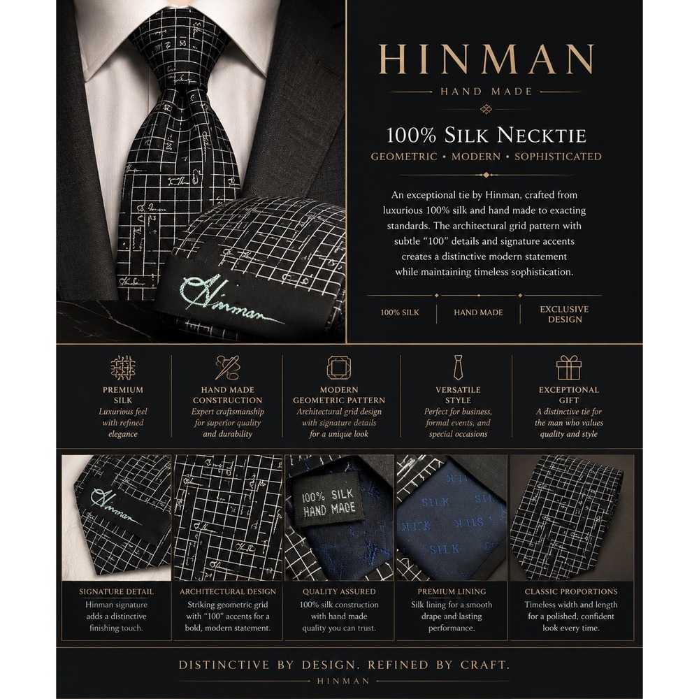 Hinman HAND MADE Mens Silk Tie Black White Grid Blueprint Geometric Handmade Tie